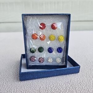 Multi Color Crystal Stainless Steel Earring Stud Set of 7 Round Disco Red Blue